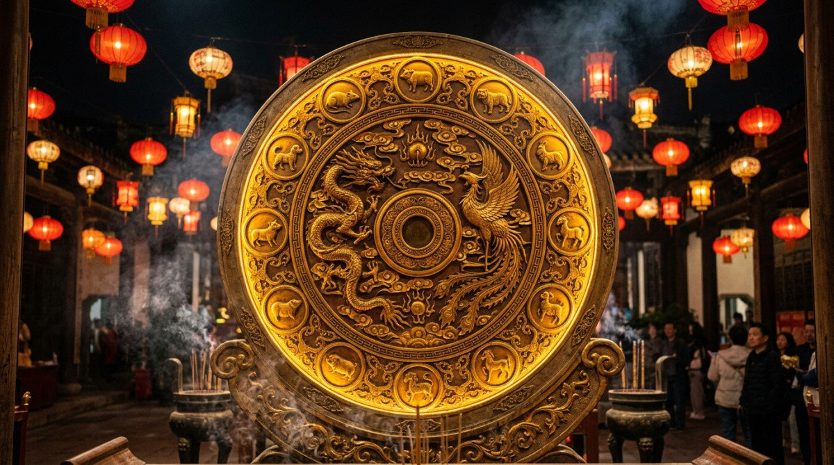 Personne méditant sereinement dans une ambiance mystique dorée pour l'horoscope chinois
