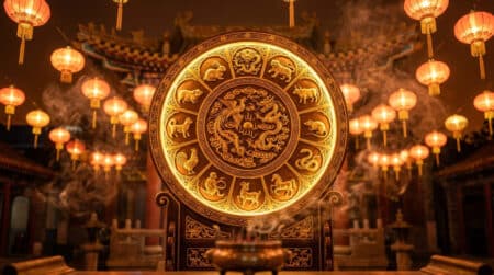 Personne méditant sous une lumière dorée entourée des symboles du zodiaque chinois