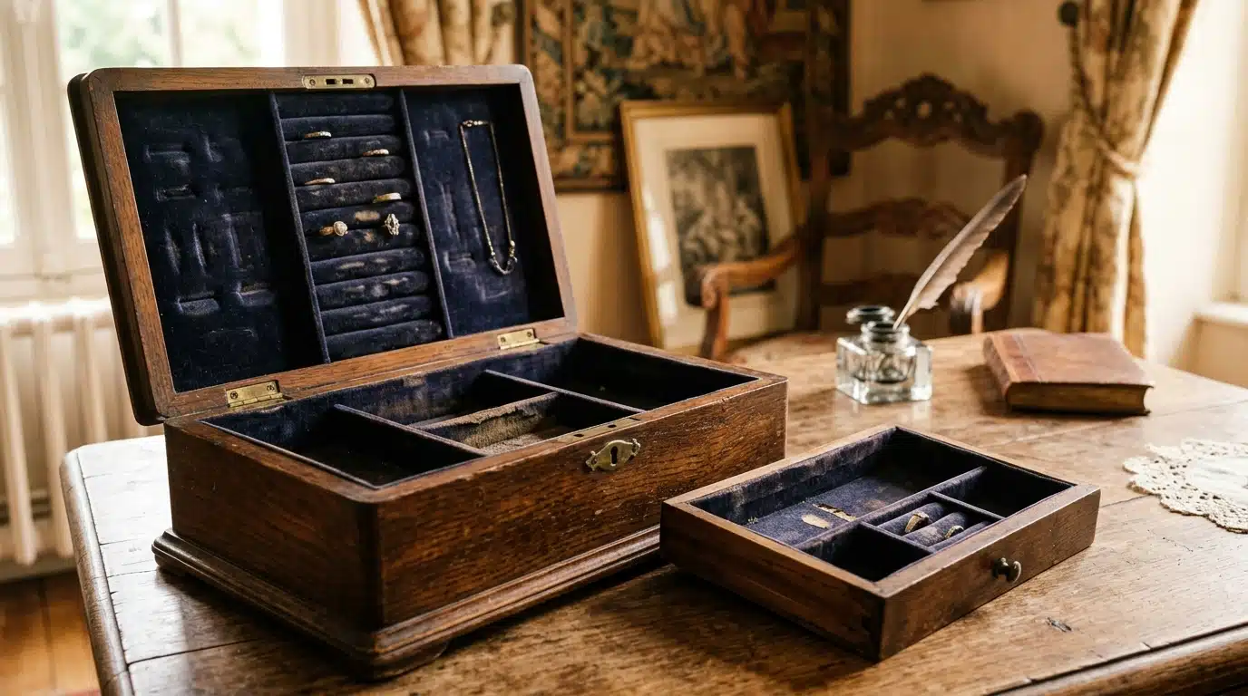 Boîte à bijoux ouverte et vide sur un bureau