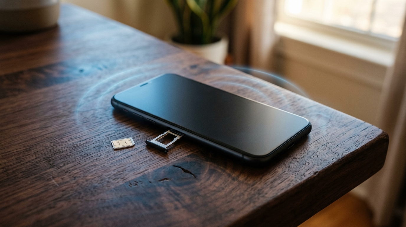 Smartphone avec carte SIM retirée sur une table