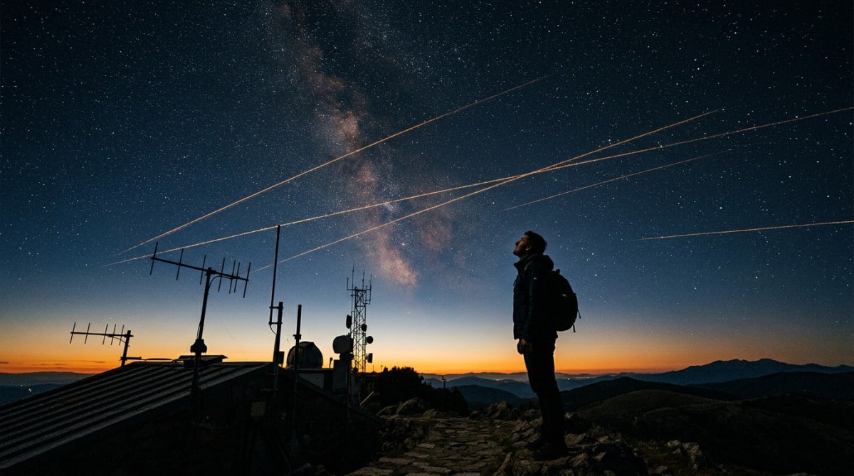 Personne observant le ciel étoilé et les satellites
