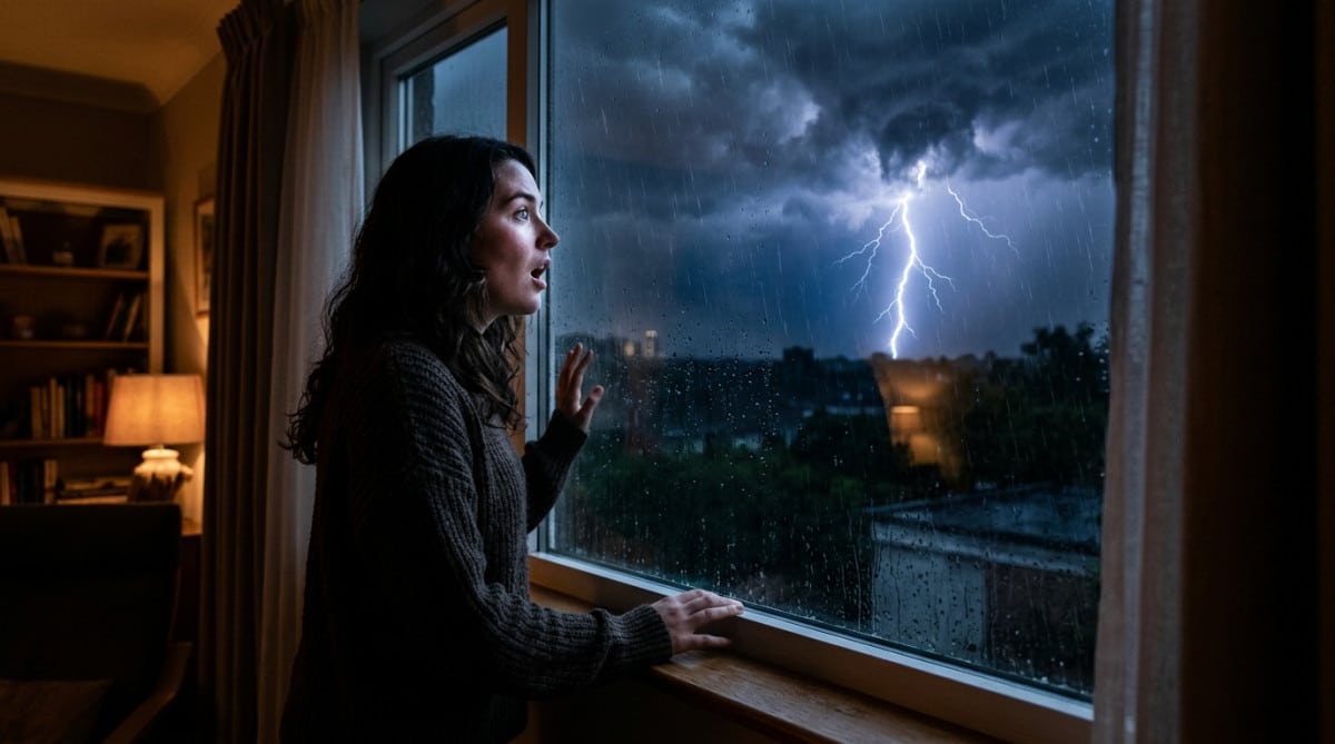 Personne observant un orage avec des éclairs par la fenêtre