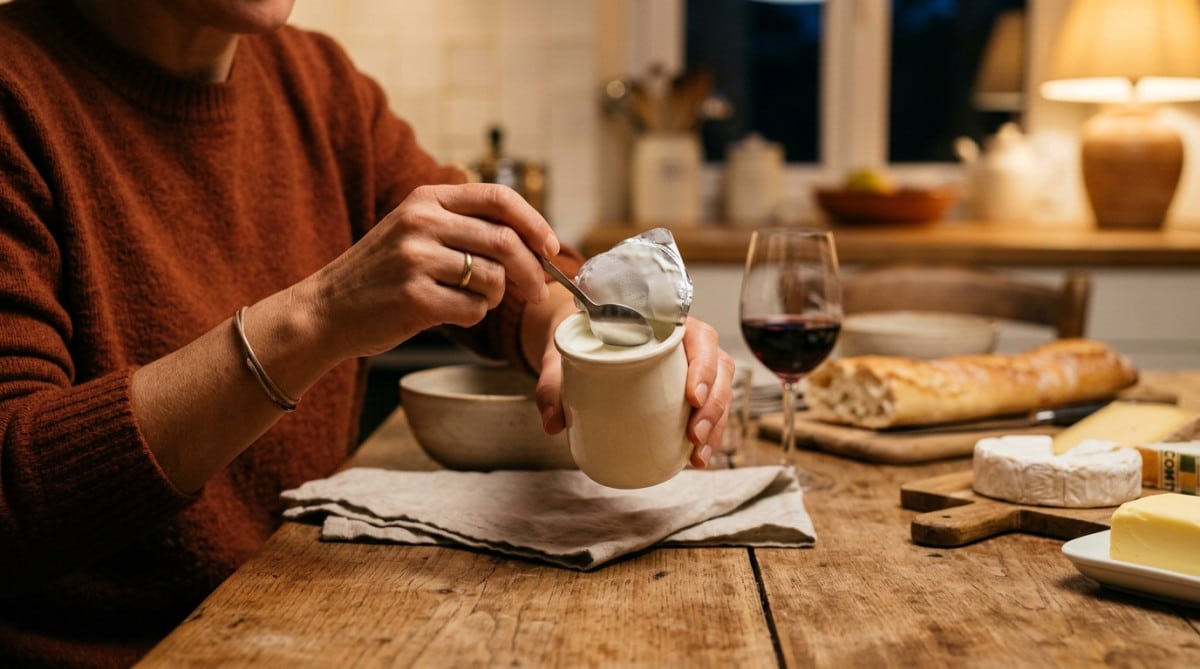 Personne ouvrant un pot de yaourt au dîner