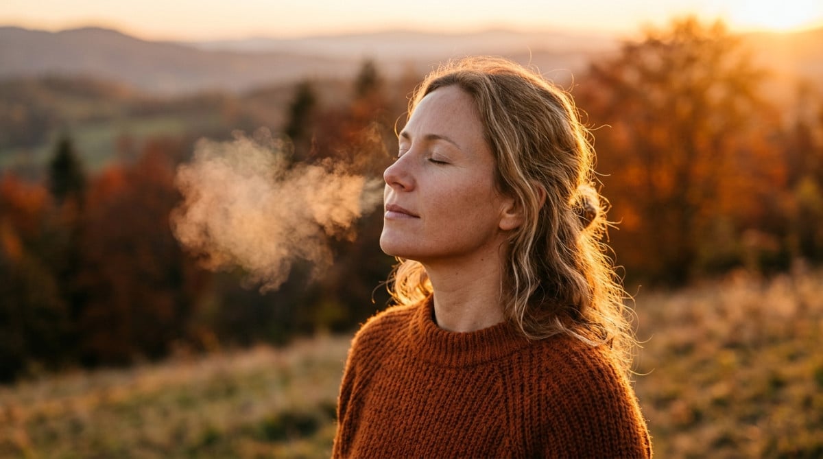 Personne respirant profondément en extérieur au lever du soleil