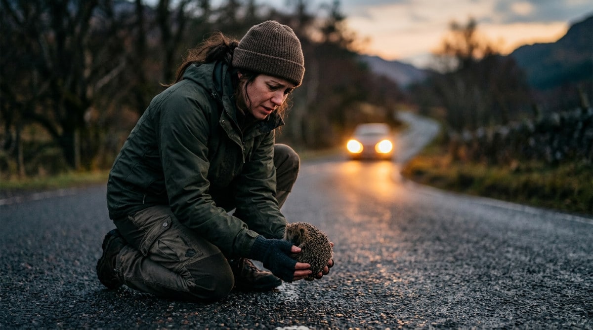 Personne sauvant un hérisson sur une route la nuit