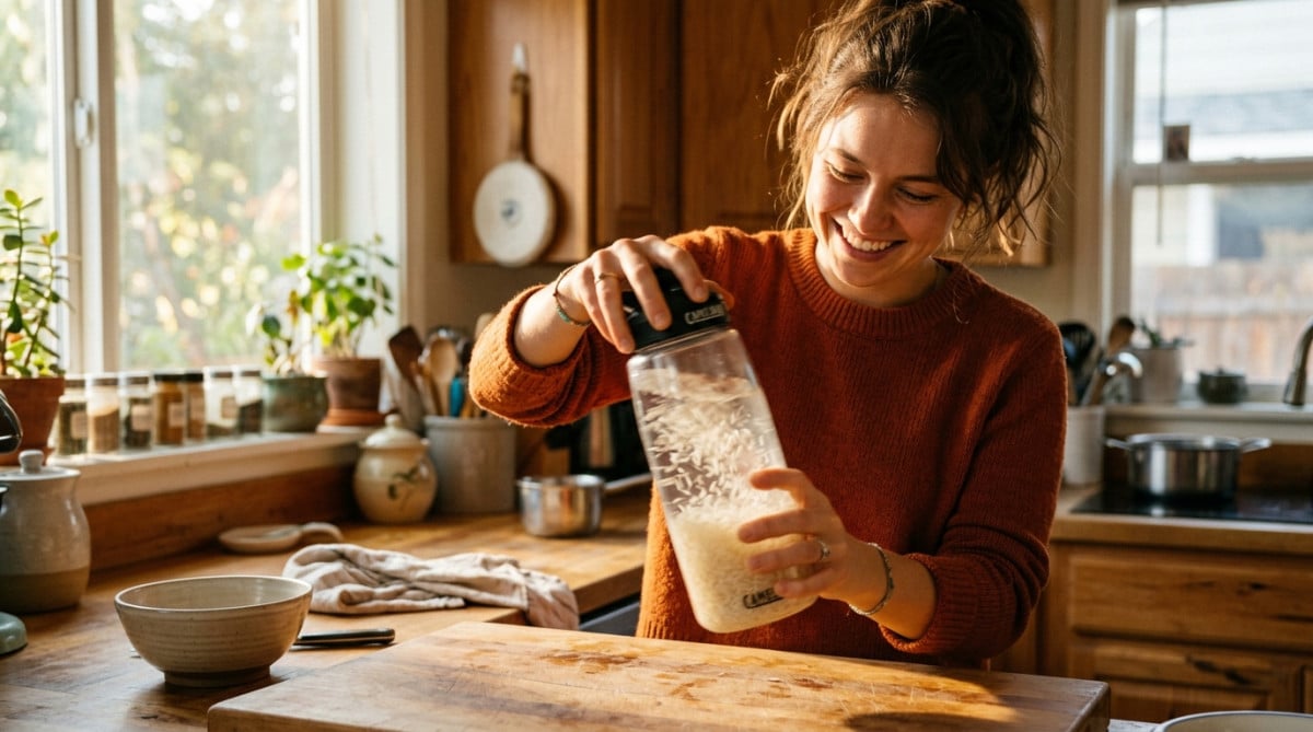Personne secouant une bouteille remplie de riz et d'eau chaude