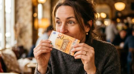 Personne sentant un billet de banque de près