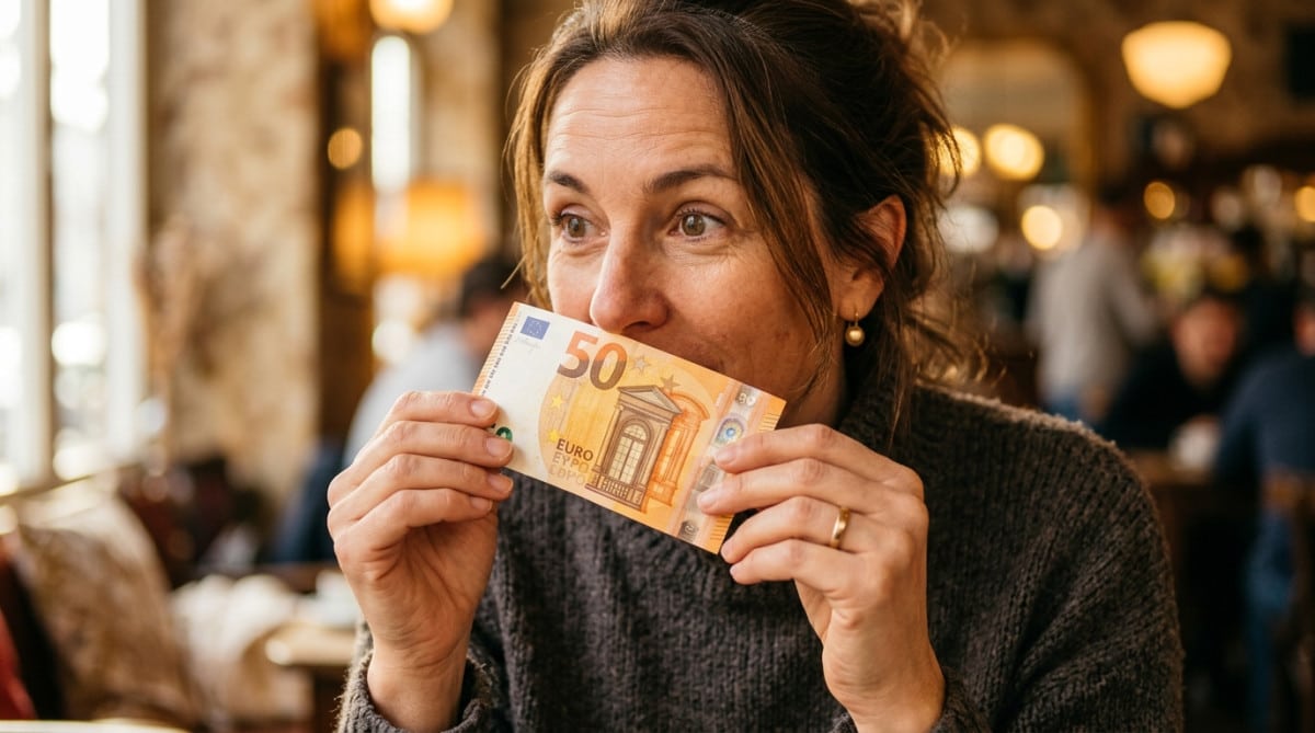 Personne sentant un billet de banque de près