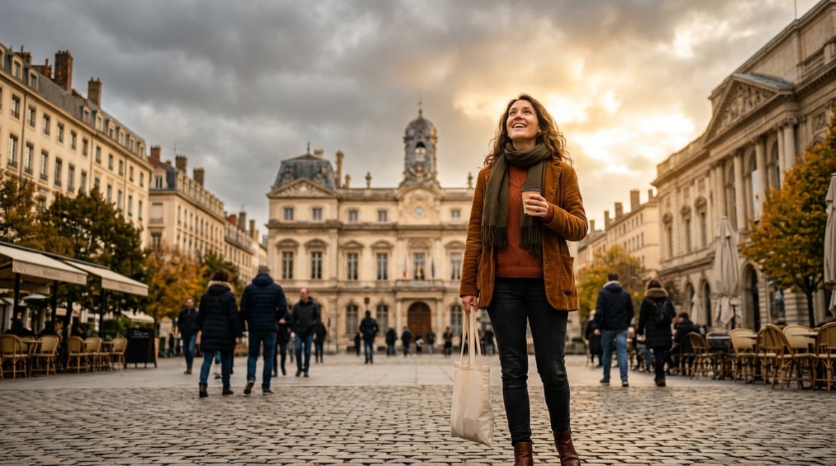 Personne souriante sous un ciel couvert mais chaud