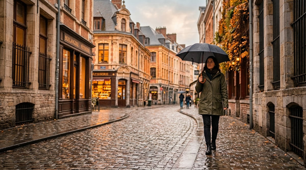 Personne sous la bruine dans les rues de Lille