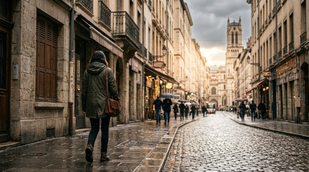 Personne sous la pluie dans une rue française couverte