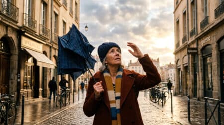 Personne sous un ciel nuageux avec parapluie en ville