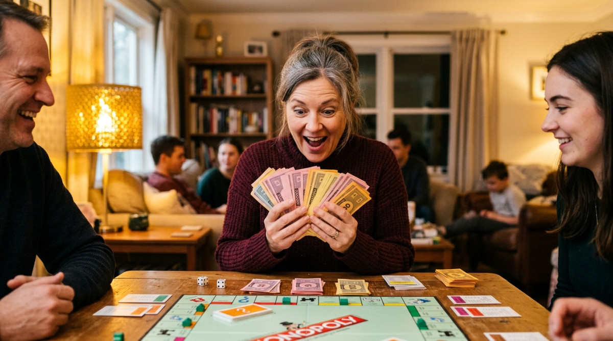 Personne stupéfaite devant une pile de faux billets de Monopoly