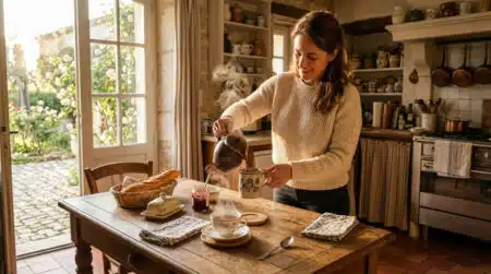 Petit-déjeuner français avec chocolat chaud et thé