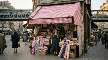 Petite échoppe Tati à Barbès en 1948 avec vichy rose