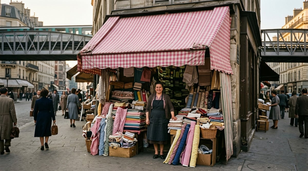 Petite échoppe Tati à Barbès en 1948 avec vichy rose