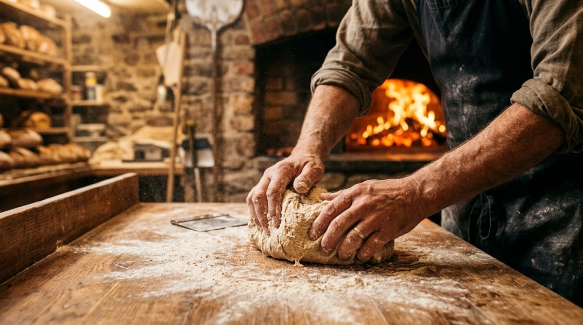 Pétrissage à la main du pain au levain dans un fournil