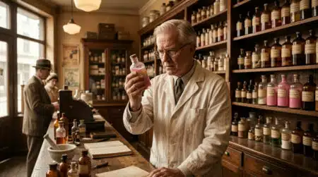 Pharmacie américaine des années 1930 avec flacons de sirop