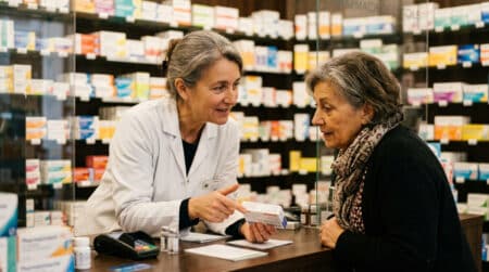 Pharmacien expliquant une facturation à un client