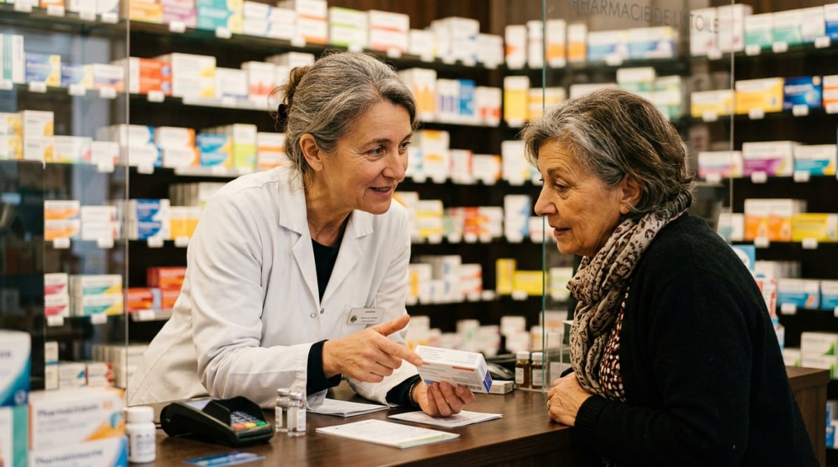 Pharmacien expliquant une facturation à un client