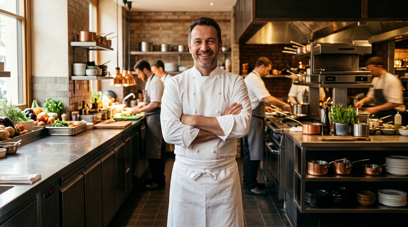 Chef en cuisine devant fourneaux modernes