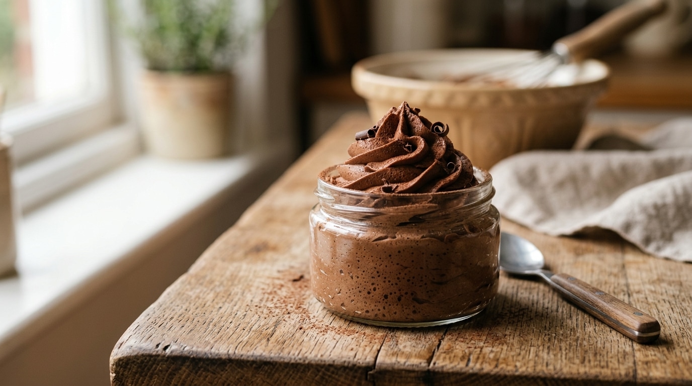 Petit pot de mousse au chocolat aérienne sur bois