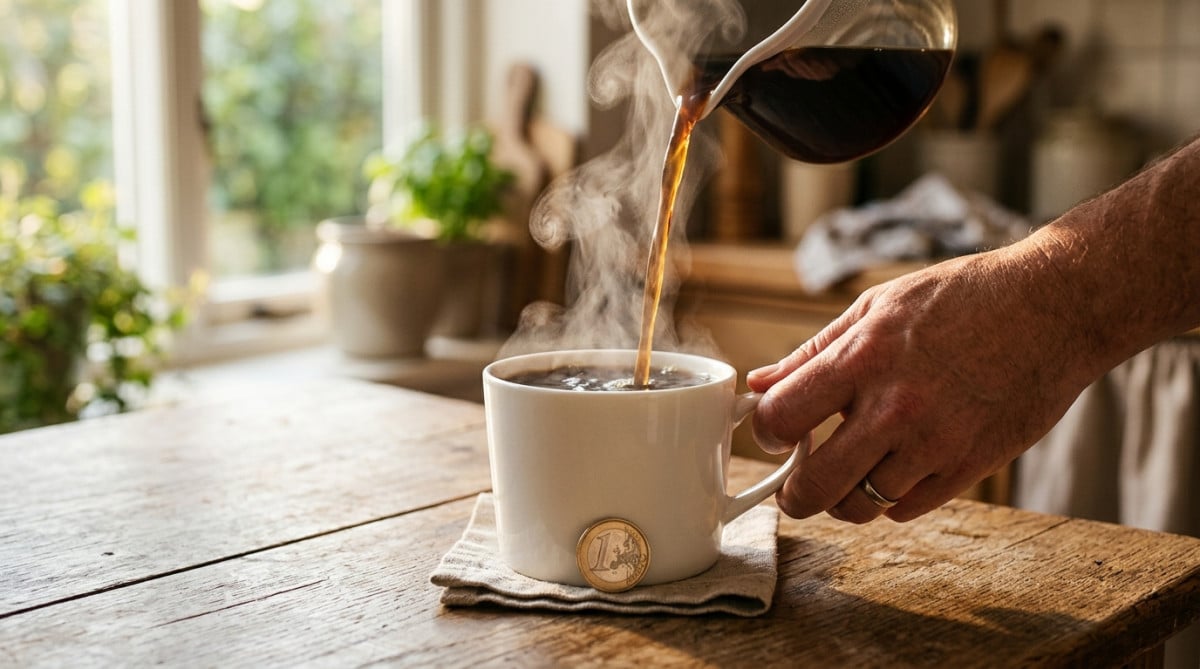 Pièce de monnaie versée avec du café chaud dans une tasse
