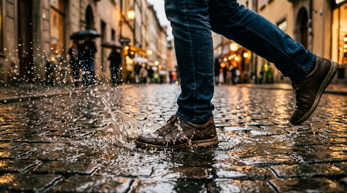 Pied éclaboussant une flaque d'eau en pleine rue