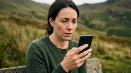 Femme tenant un smartphone, visage soulagé, montagne floue