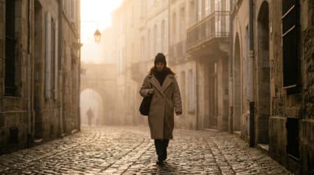Piéton dans le brouillard matinal à Bordeaux