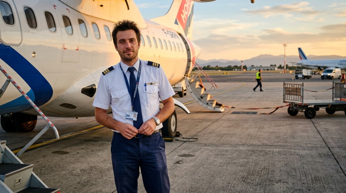Pilote de ligne en uniforme sur le tarmac à Toulouse