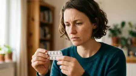 Femme inquiète tenant une plaquette de pilules contraceptives