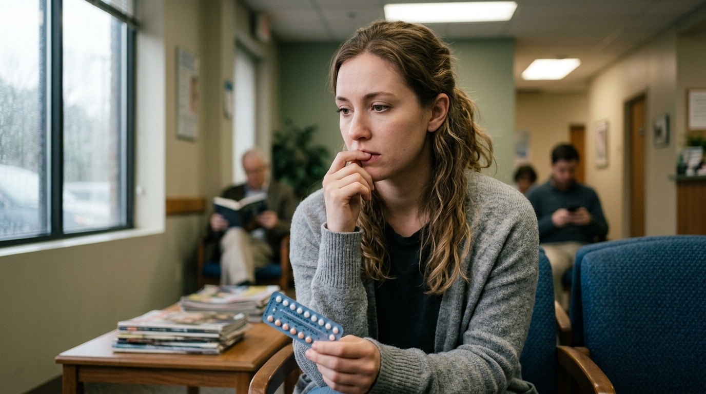 Jeune femme pensive tenant une plaquette de pilules