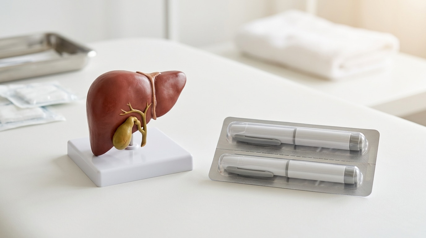 Vésicule biliaire et stylo injecteur sur table clinique