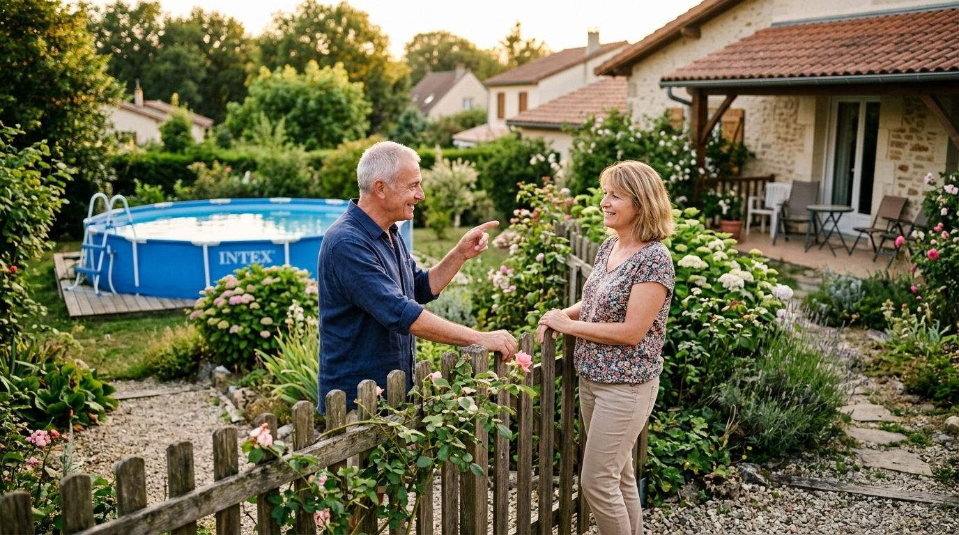 Deux voisins discutant calmement près d'une clôture