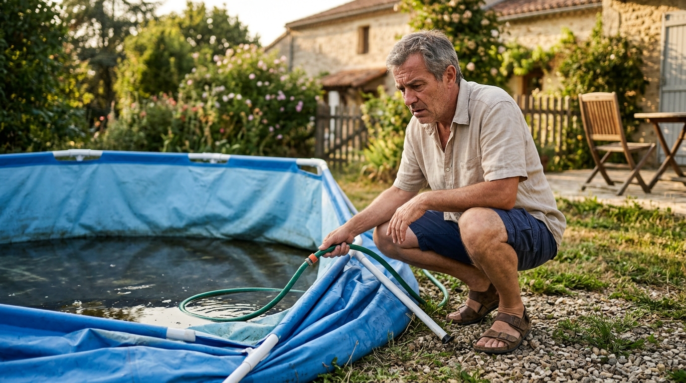 Homme videant une piscine hors-sol dans son jardin