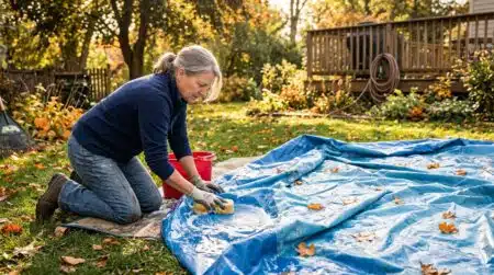 Femme nettoyant le liner d'une piscine hors-sol avant l'hiver