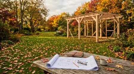 Pergola en construction dans un jardin d'automne