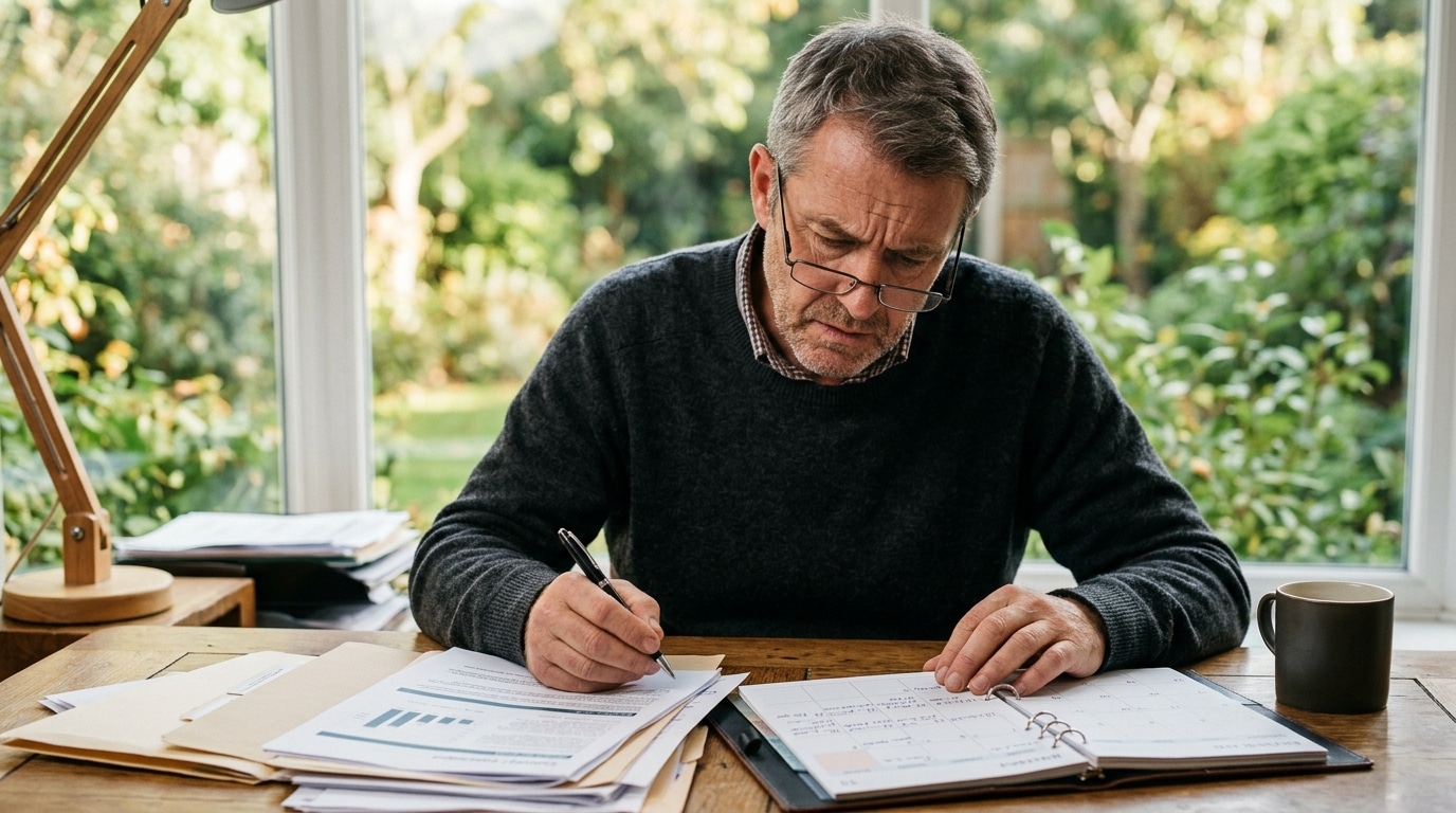 Personne consultant des documents d'urbanisme sur un bureau