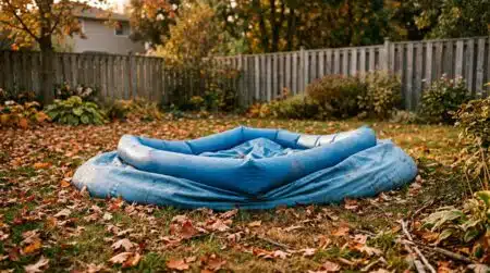 Liner de piscine tubulaire replié sur pelouse d'automne