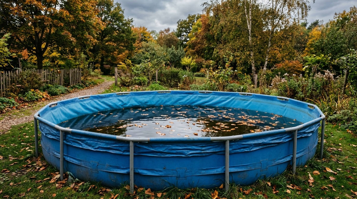 Piscine tubulaire à moitié vidée en automne