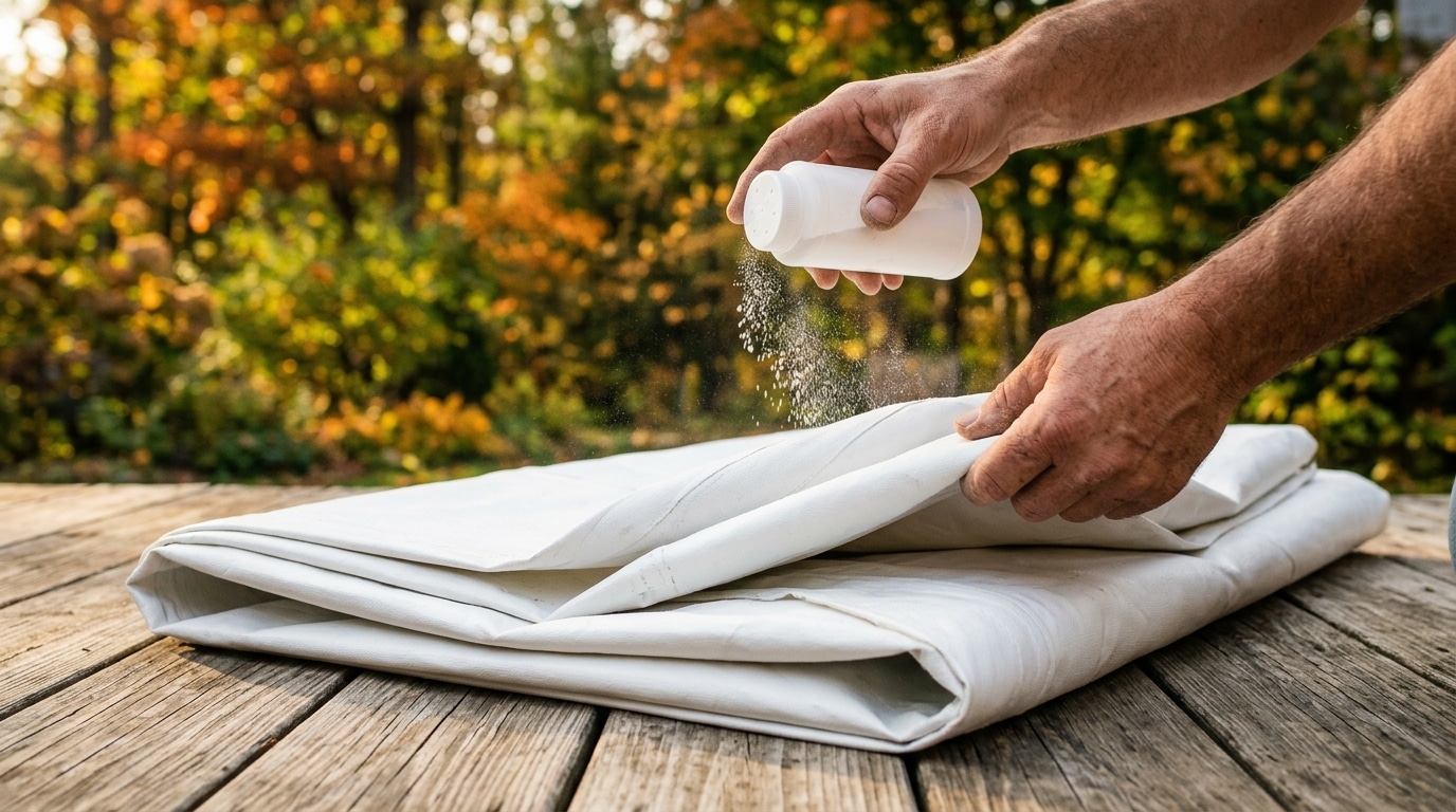 Mains pliant une bâche de piscine avec talc
