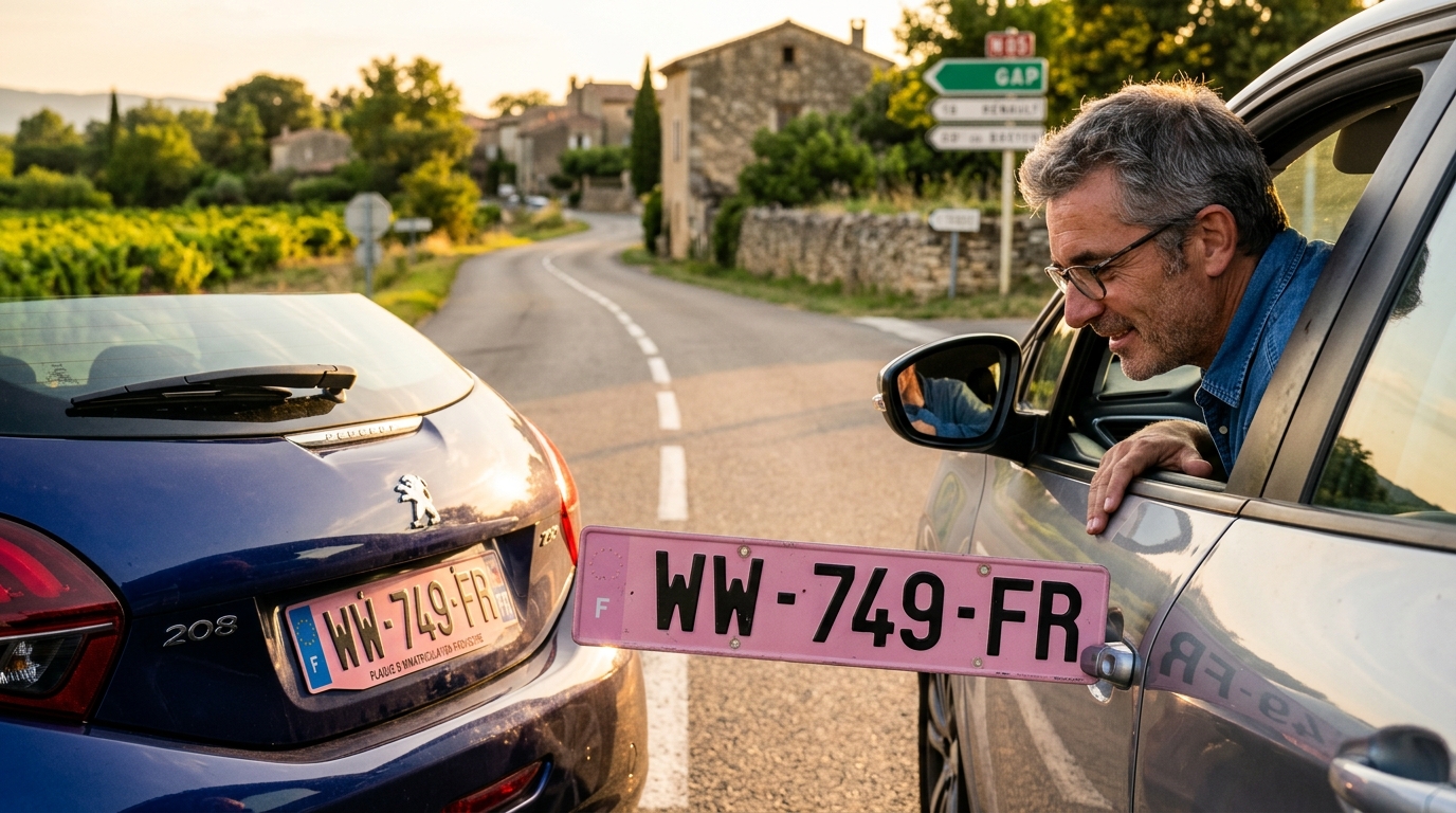 Plaque rose d'immatriculation provisoire sur une voiture