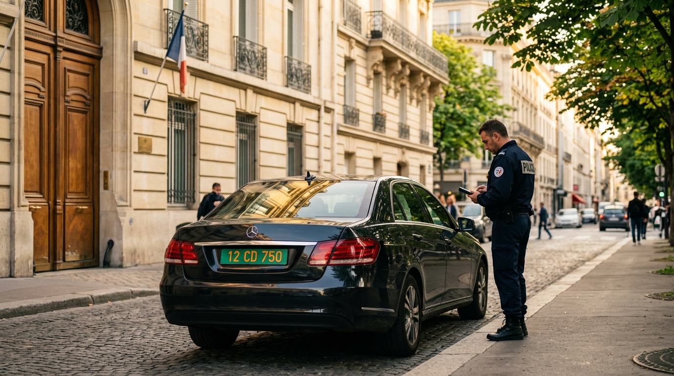 Plaque verte diplomatique devant une ambassade