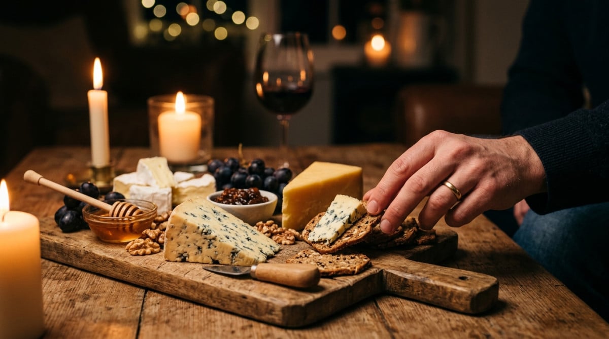 Plateau de fromages la nuit sous lumière chaude