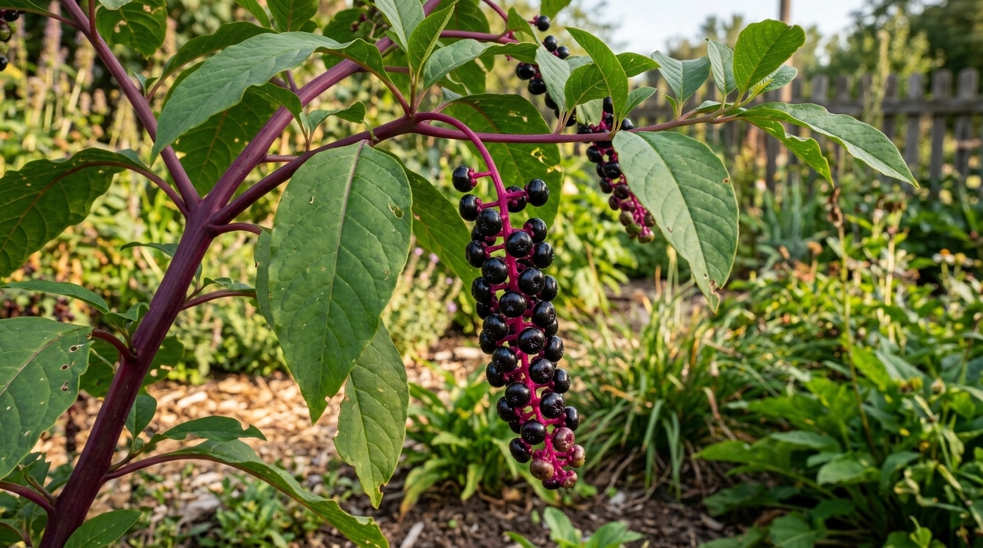 Grappes de baies noires de raisin d'Amérique dans un jardin