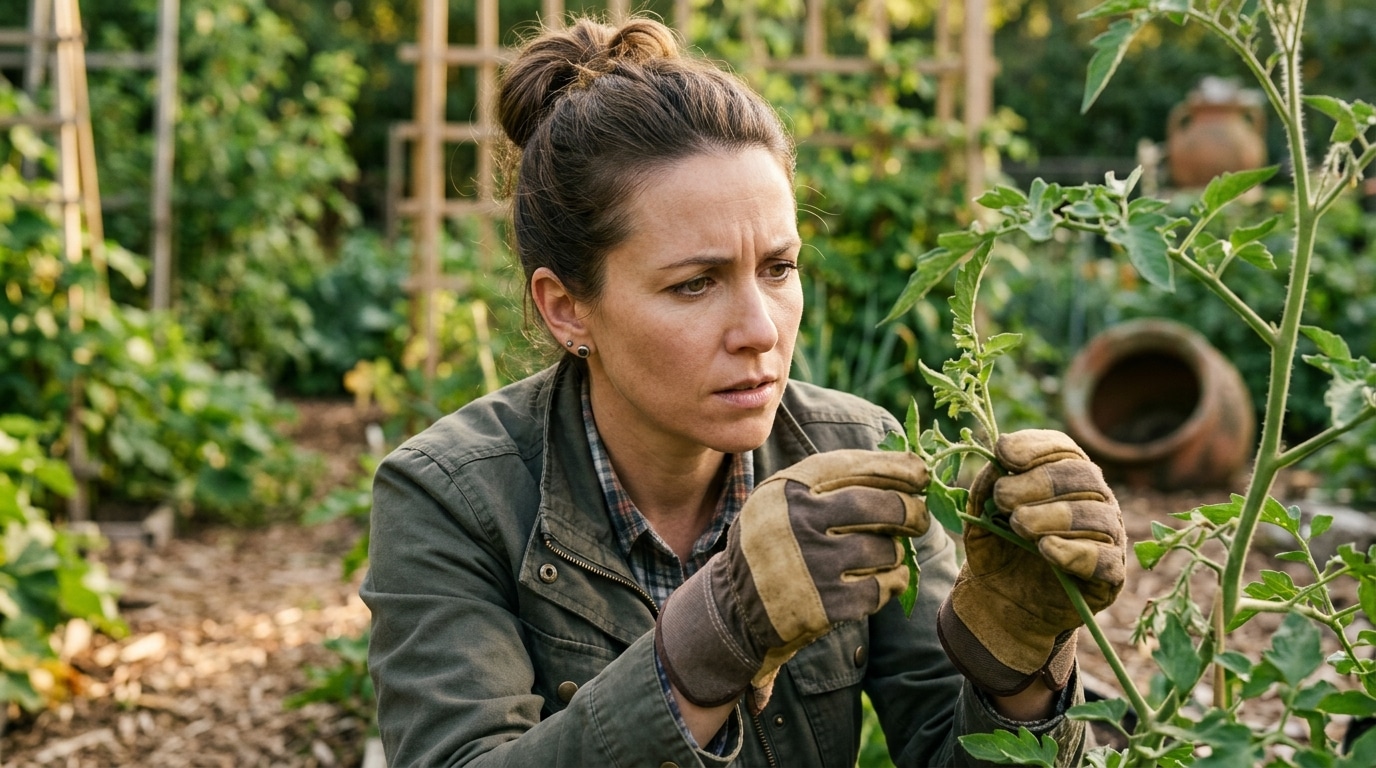 Personne portant des gants examine une tige de plante toxique