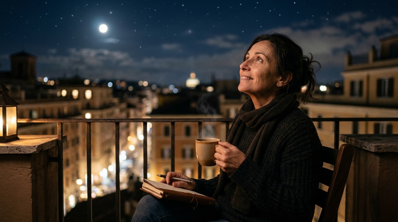 Personne contemplant le ciel étoilé depuis un balcon la nuit
