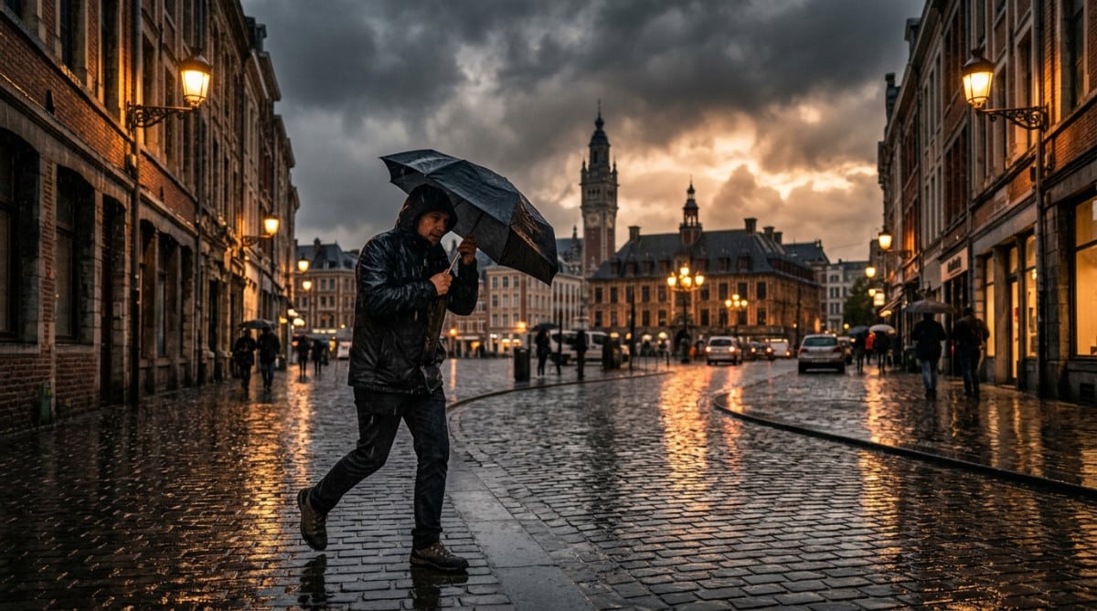 Pluie et vent fort sur une rue de Lille