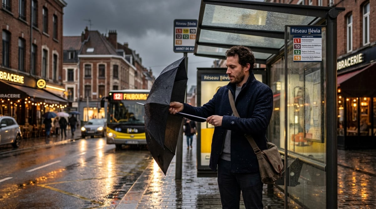 Pluie fine sur un piéton à Lille